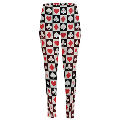 Playing Card Suits Check Pattern Print High-Waisted Pocket Leggings