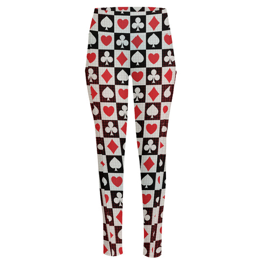 Playing Card Suits Check Pattern Print High-Waisted Pocket Leggings