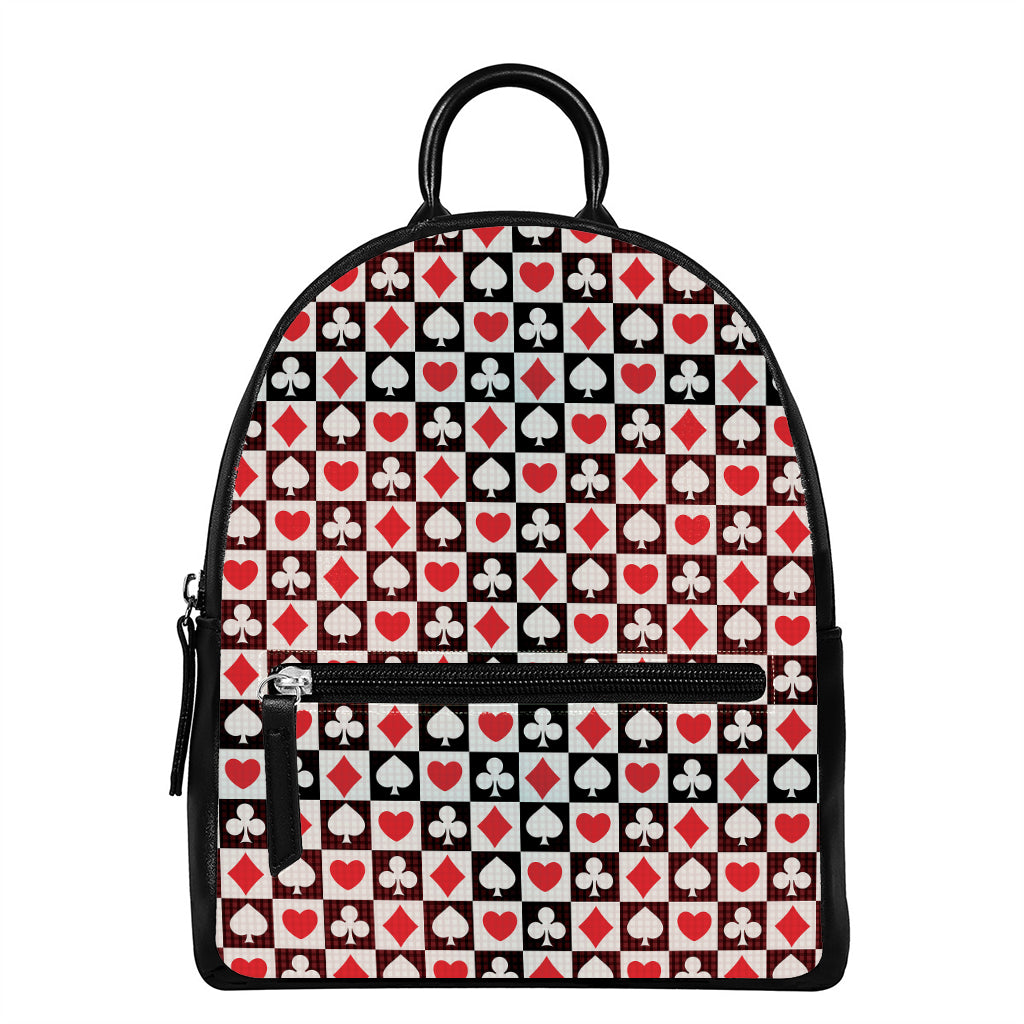 Playing Card Suits Check Pattern Print Leather Backpack