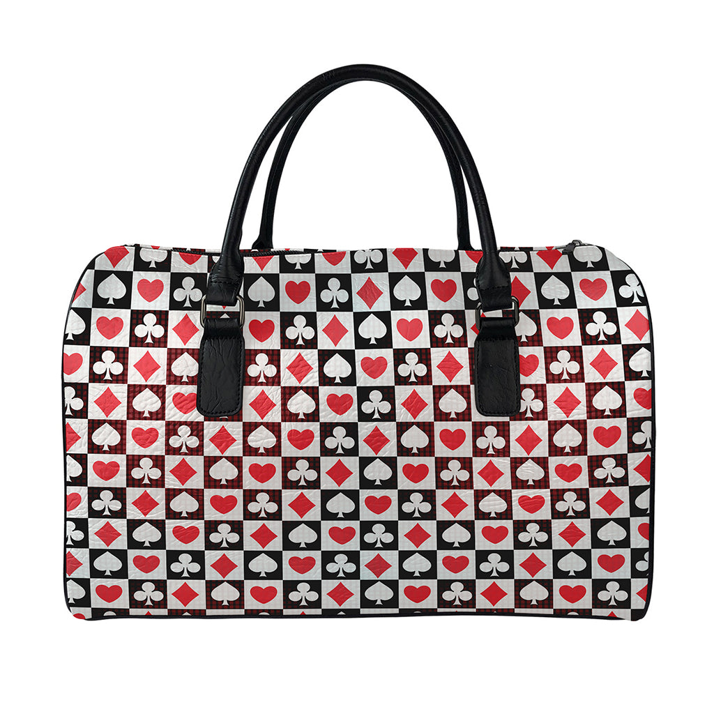 Playing Card Suits Check Pattern Print Leather Duffle Bag