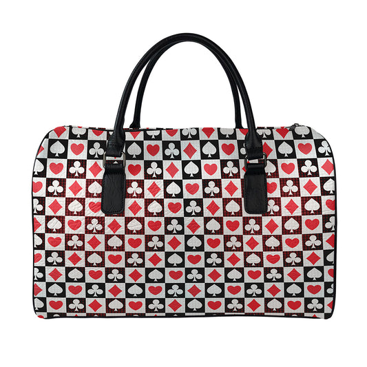 Playing Card Suits Check Pattern Print Leather Duffle Bag