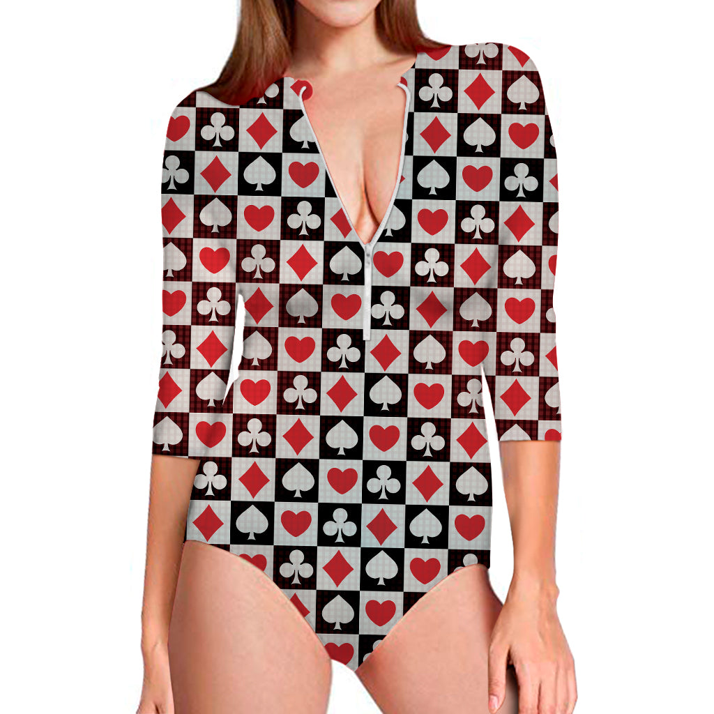 Playing Card Suits Check Pattern Print Long Sleeve Swimsuit