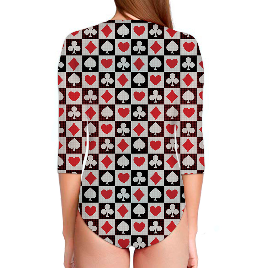 Playing Card Suits Check Pattern Print Long Sleeve Swimsuit