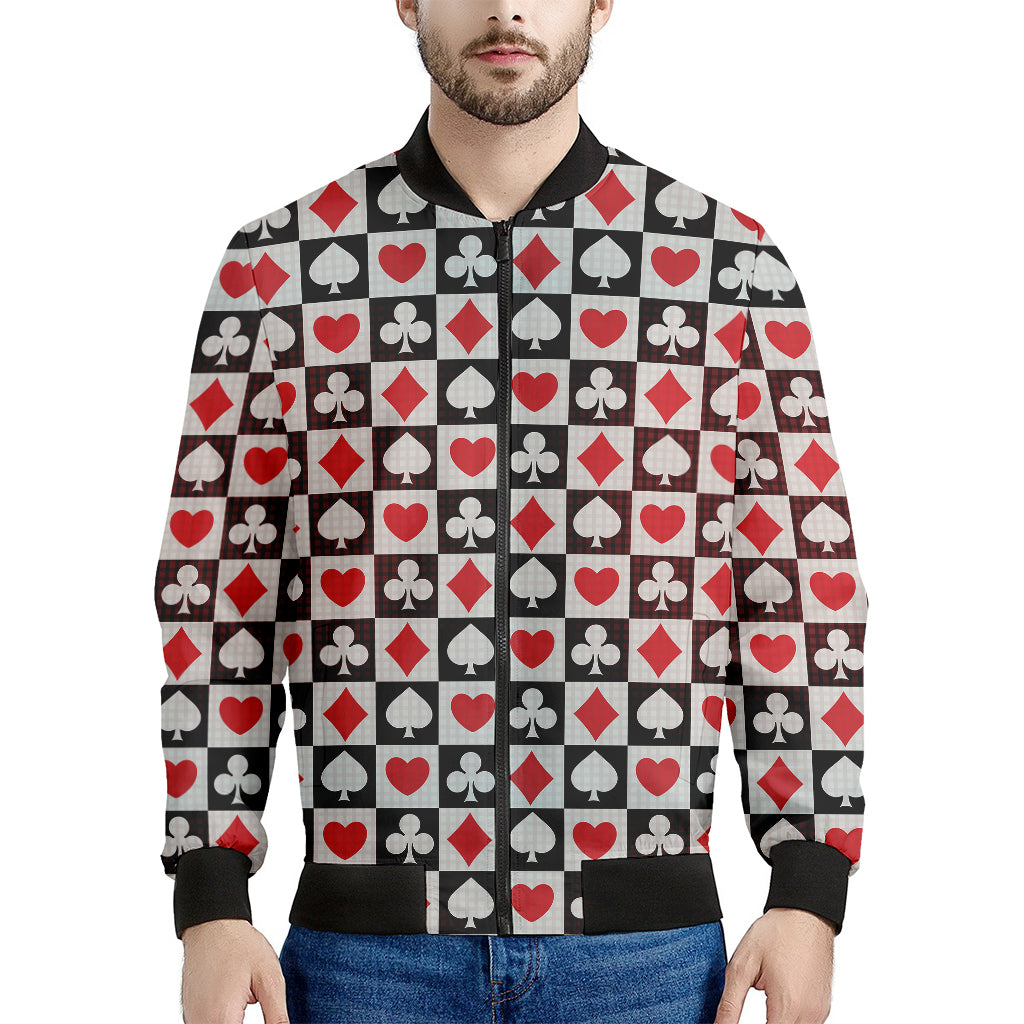 Playing Card Suits Check Pattern Print Men's Bomber Jacket