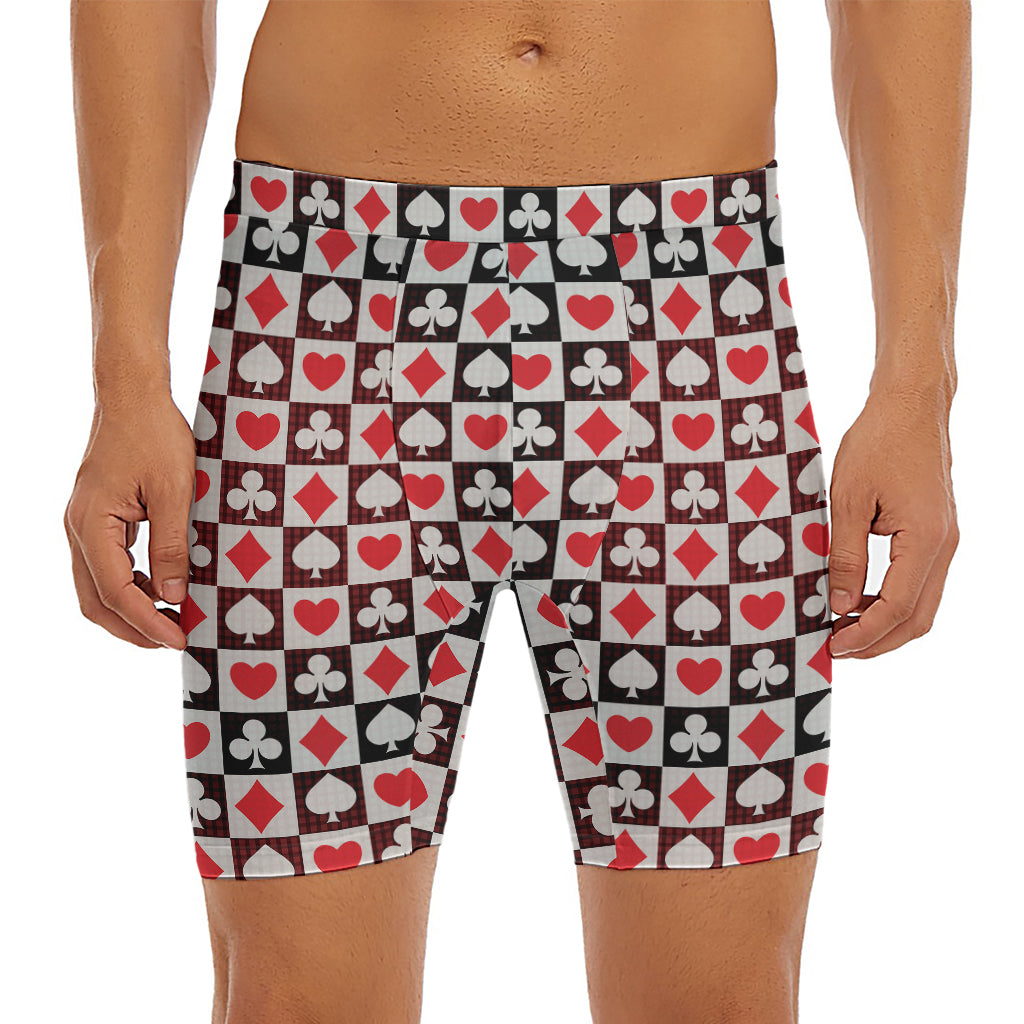 Playing Card Suits Check Pattern Print Men's Long Boxer Briefs