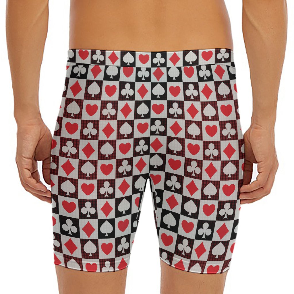 Playing Card Suits Check Pattern Print Men's Long Boxer Briefs