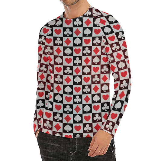 Playing Card Suits Check Pattern Print Men's Long Sleeve Rash Guard