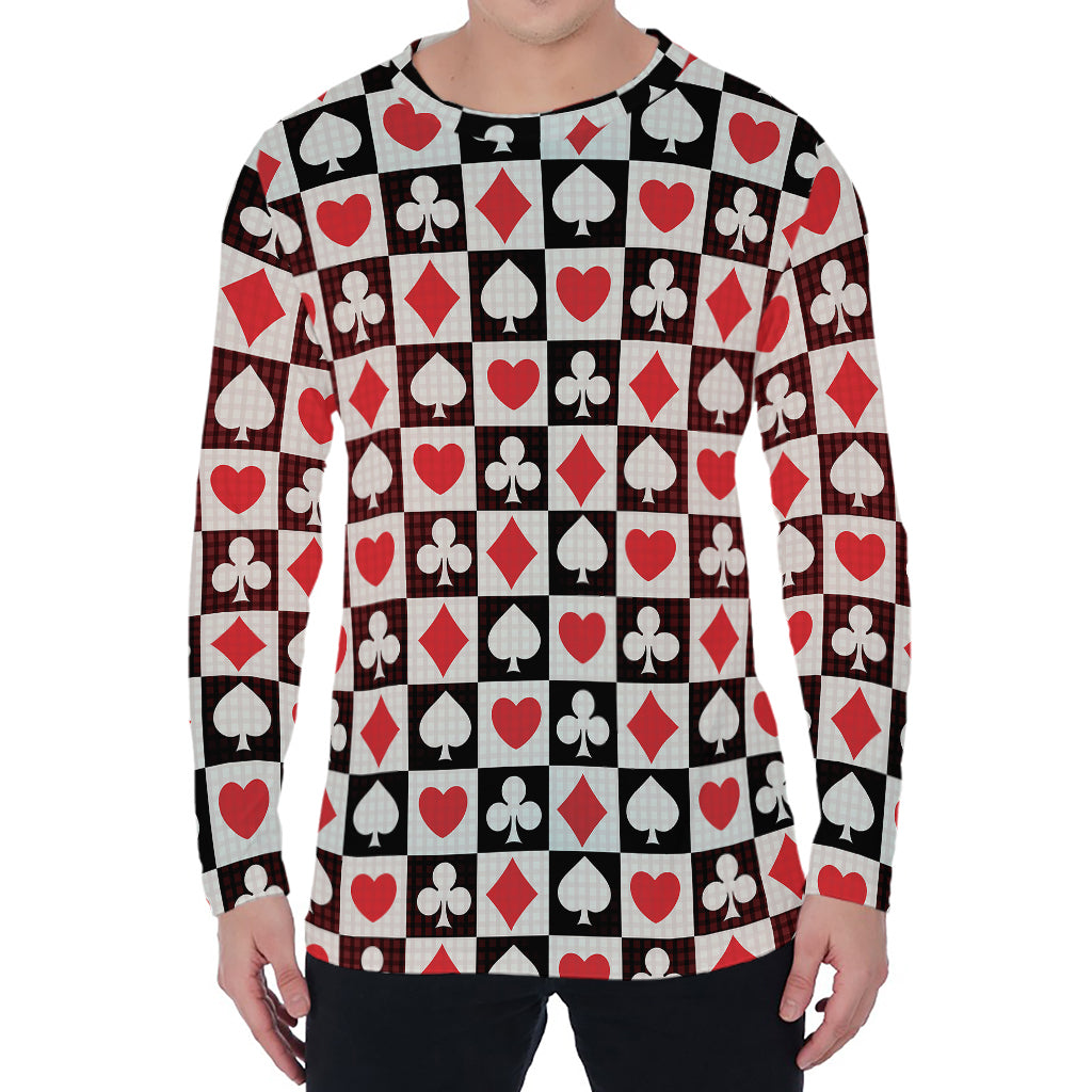 Playing Card Suits Check Pattern Print Men's Long Sleeve T-Shirt