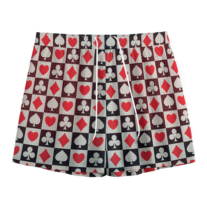 Playing Card Suits Check Pattern Print Mesh Shorts
