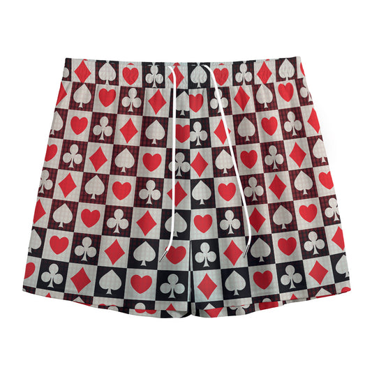 Playing Card Suits Check Pattern Print Mesh Shorts