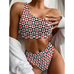 Playing Card Suits Check Pattern Print One Shoulder Bikini Top