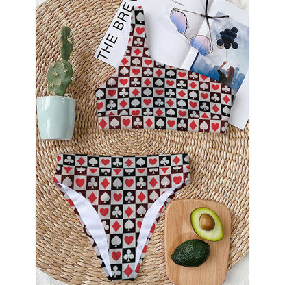 Playing Card Suits Check Pattern Print One Shoulder Bikini Top