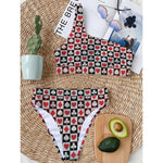 Playing Card Suits Check Pattern Print One Shoulder Bikini Top