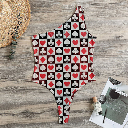 Playing Card Suits Check Pattern Print One Shoulder Bodysuit