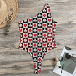 Playing Card Suits Check Pattern Print One Shoulder Bodysuit