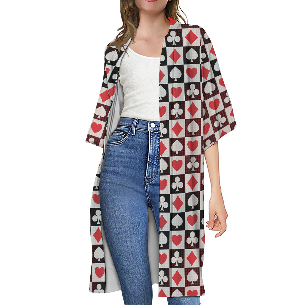 Playing Card Suits Check Pattern Print Open Front Beach Cover Up