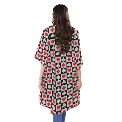 Playing Card Suits Check Pattern Print Open Front Beach Cover Up