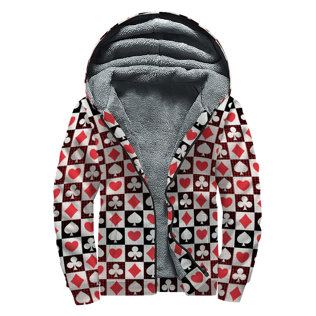 Playing Card Suits Check Pattern Print Sherpa Lined Zip Up Hoodie