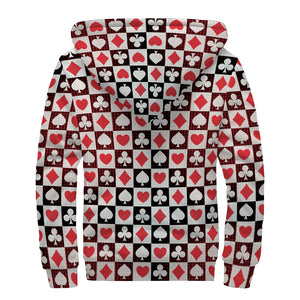 Playing Card Suits Check Pattern Print Sherpa Lined Zip Up Hoodie