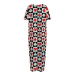 Playing Card Suits Check Pattern Print Short Sleeve Long Nightdress