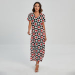 Playing Card Suits Check Pattern Print Short Sleeve Maxi Dress