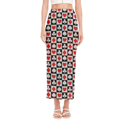 Playing Card Suits Check Pattern Print Side Slit Maxi Skirt
