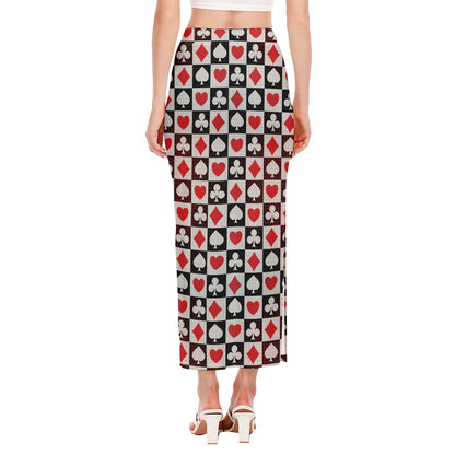 Playing Card Suits Check Pattern Print Side Slit Maxi Skirt