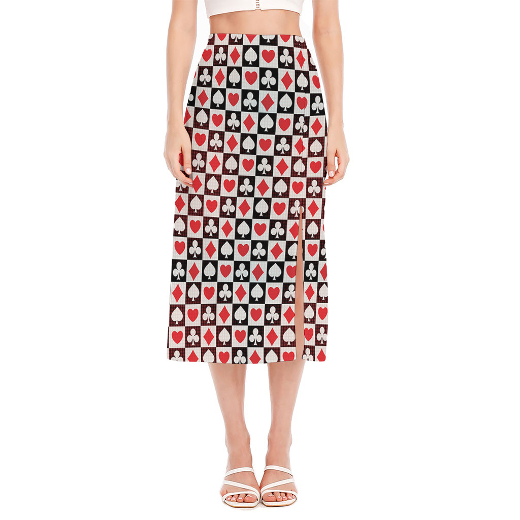 Playing Card Suits Check Pattern Print Side Slit Midi Skirt