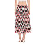 Playing Card Suits Check Pattern Print Side Slit Midi Skirt