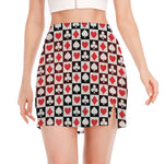 Playing Card Suits Check Pattern Print Side Slit Mini Skirt
