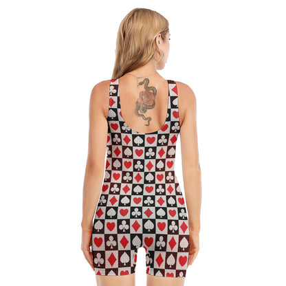 Playing Card Suits Check Pattern Print Sleeveless One Piece Swimsuit