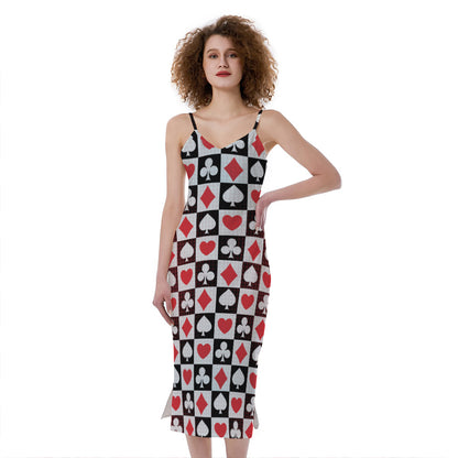 Playing Card Suits Check Pattern Print Slim Fit Midi Cami Dress