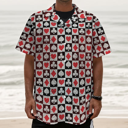 Playing Card Suits Check Pattern Print Textured Short Sleeve Shirt