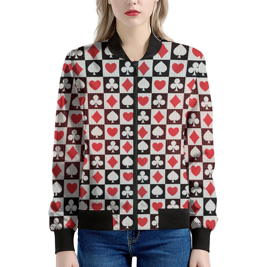 Playing Card Suits Check Pattern Print Women's Bomber Jacket