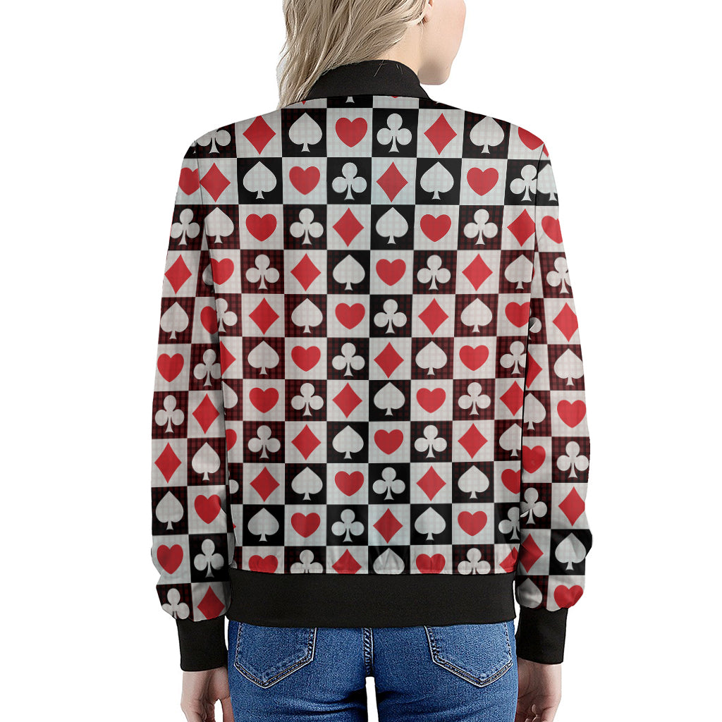 Playing Card Suits Check Pattern Print Women's Bomber Jacket