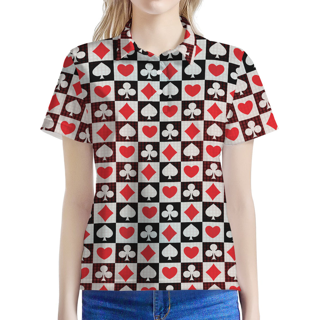 Playing Card Suits Check Pattern Print Women's Polo Shirt