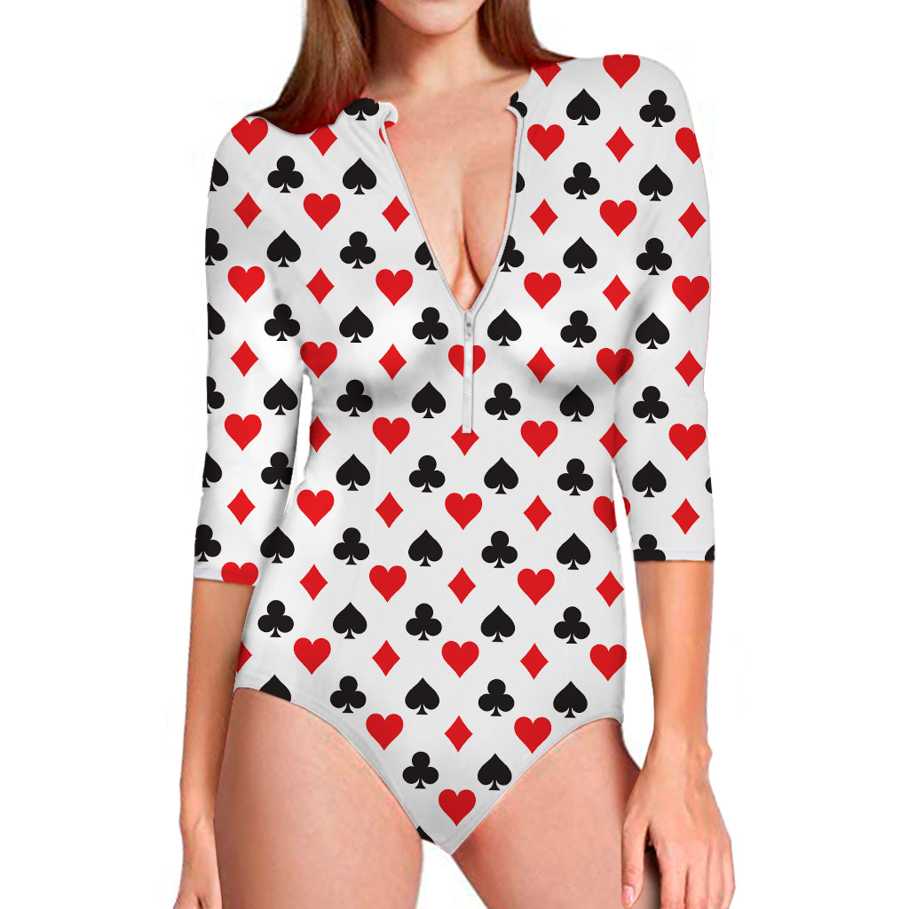 Playing Card Suits Pattern Print Long Sleeve Swimsuit