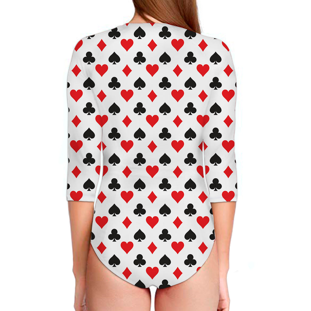 Playing Card Suits Pattern Print Long Sleeve Swimsuit