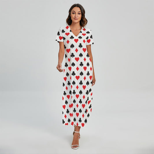 Playing Card Suits Pattern Print Short Sleeve Maxi Dress