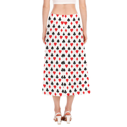 Playing Card Suits Pattern Print Side Slit Midi Skirt