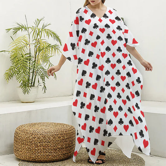 Playing Card Suits Pattern Print Silk V-Neck Kaftan Dress