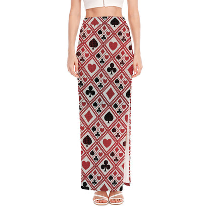 Playing Card Suits Plaid Pattern Print High Slit Maxi Skirt