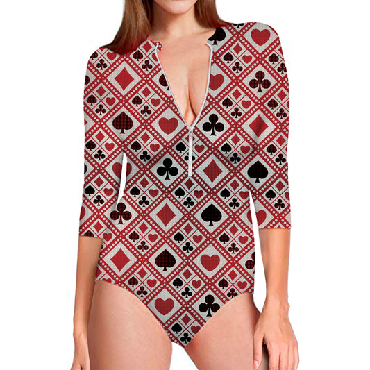 Playing Card Suits Plaid Pattern Print Long Sleeve Swimsuit