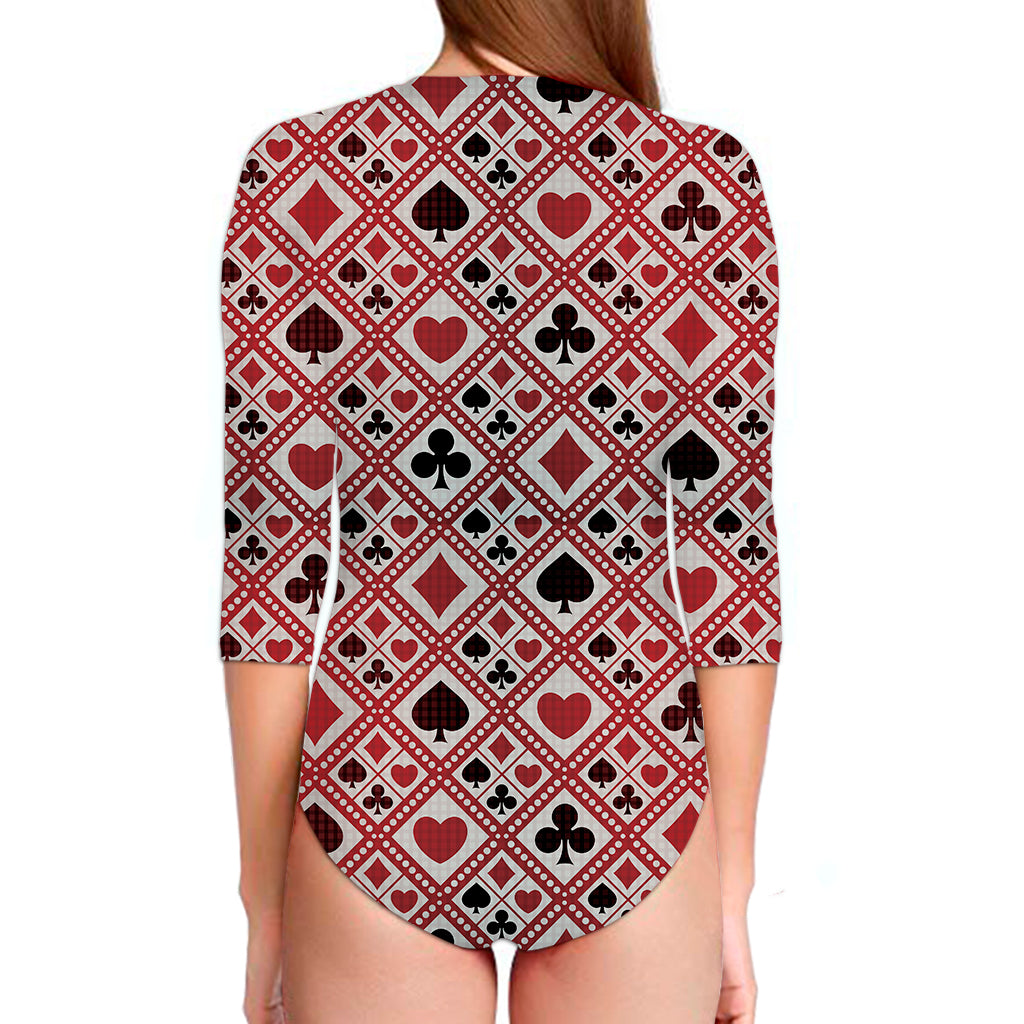Playing Card Suits Plaid Pattern Print Long Sleeve Swimsuit