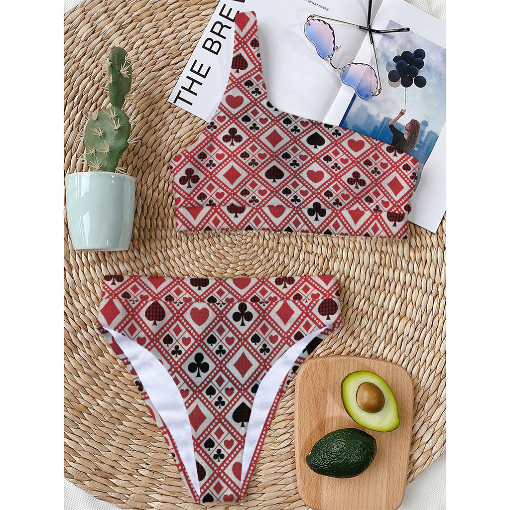 Playing Card Suits Plaid Pattern Print One Shoulder Bikini Top