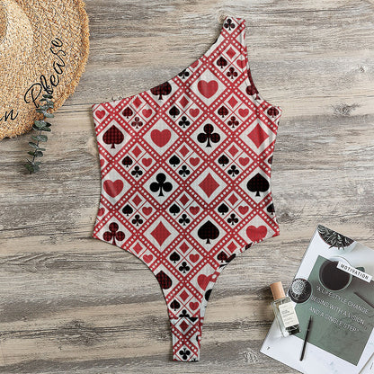 Playing Card Suits Plaid Pattern Print One Shoulder Bodysuit