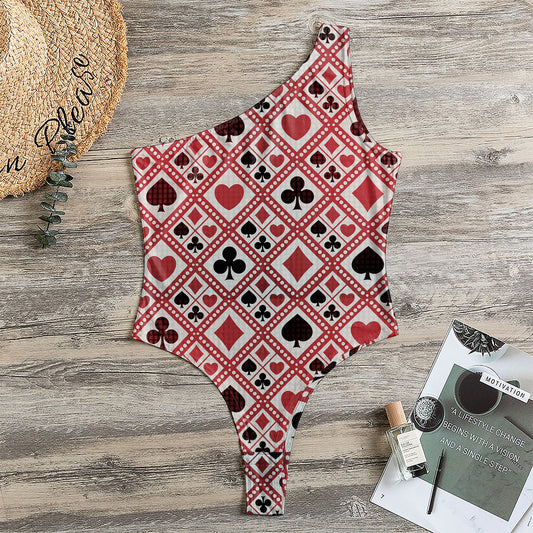 Playing Card Suits Plaid Pattern Print One Shoulder Bodysuit