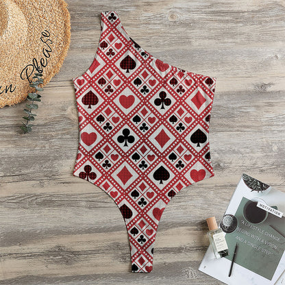 Playing Card Suits Plaid Pattern Print One Shoulder Bodysuit