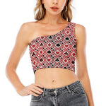 Playing Card Suits Plaid Pattern Print One Shoulder Crop Top