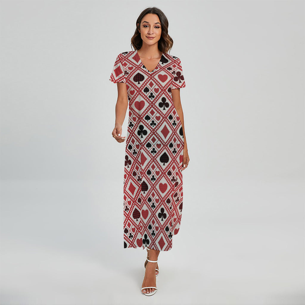 Playing Card Suits Plaid Pattern Print Short Sleeve Maxi Dress